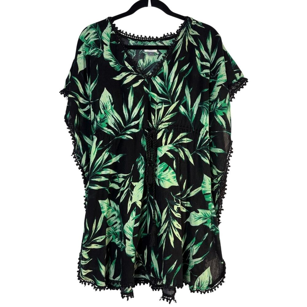 Old Navy Tropical Palm Green Leaf V-Neck Kaftan Swim Cover Up Dress Pom Pom L - Picture 1 of 4